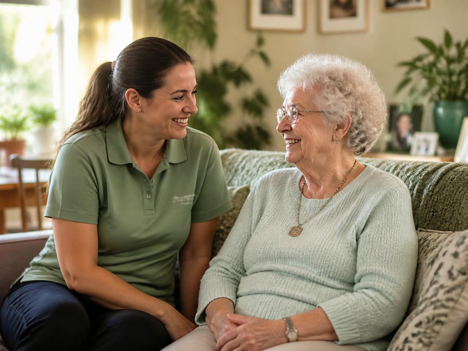 A Thryve caregiver sitting and laughing with a senior woman in her living room